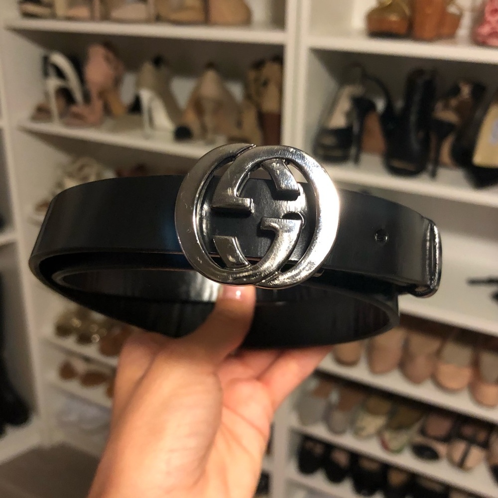 Authentic Gucci gunmetal and black GG belt small